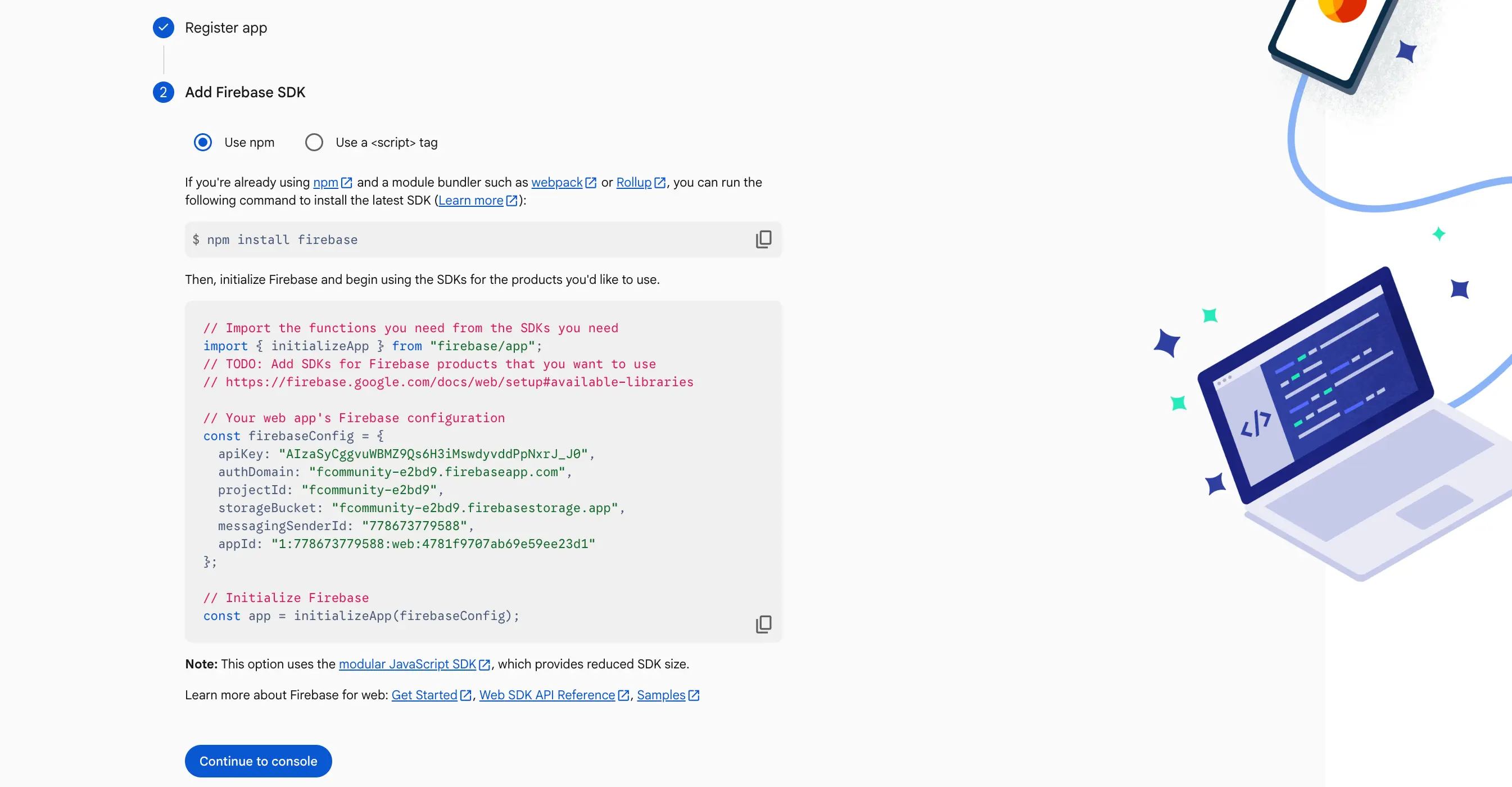 The SDK setup and configuration panel