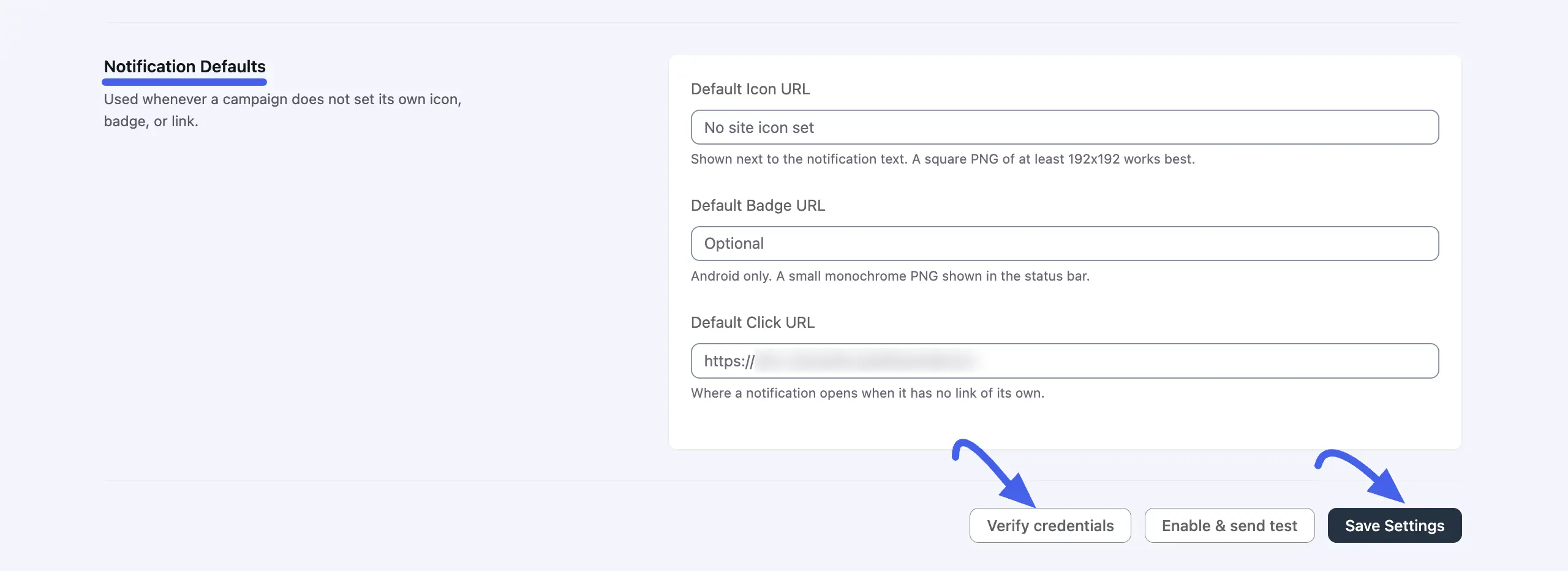 The Notification Defaults panel with Default Icon URL
