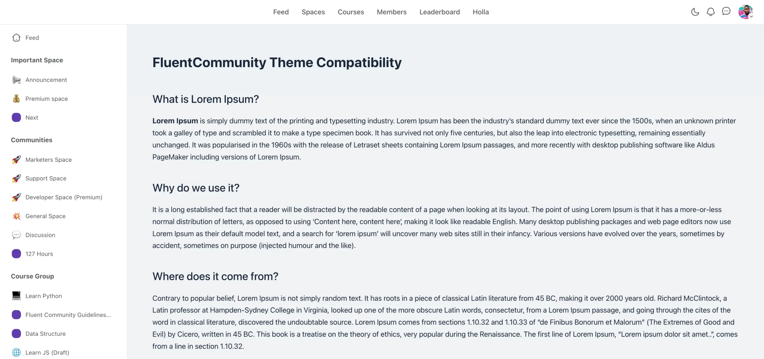 A page displaying with the FluentCommunity frame applied