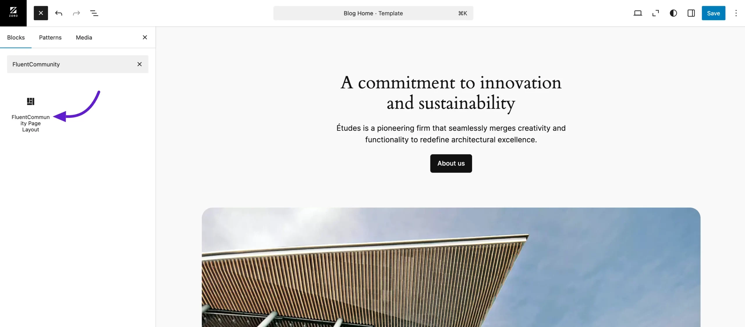 Searching for the FluentCommunity Page Layout block