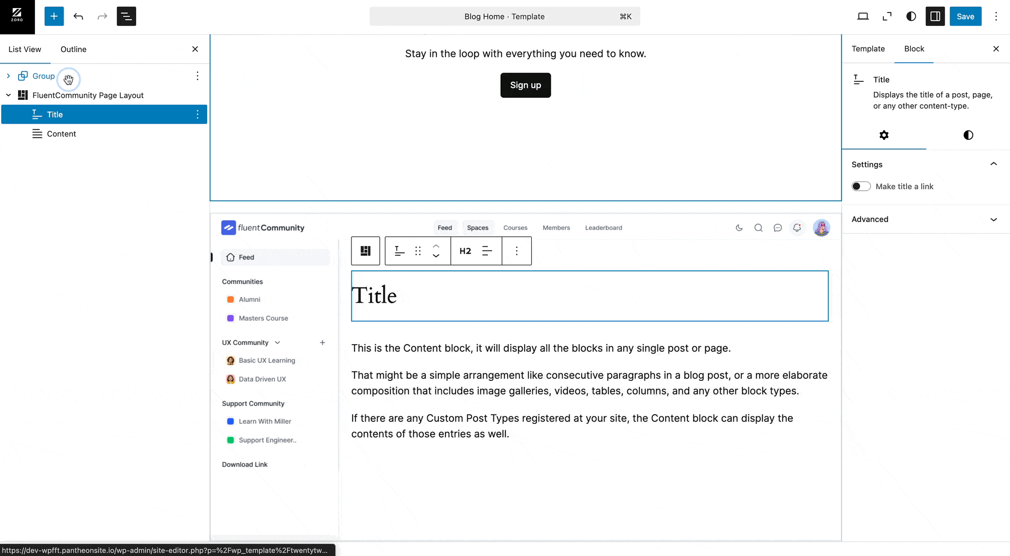 Dragging a Group section into the FluentCommunity Block